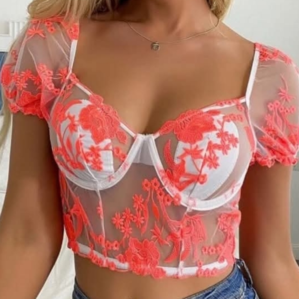 Cute sheer Neon orange bustier corset bustier top, Jr Sz S